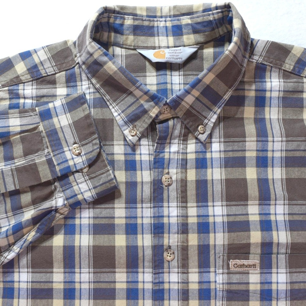 Carhartt Mens Plaid Long Sleeve Button Down Work Shirt Brown Blue Large XL